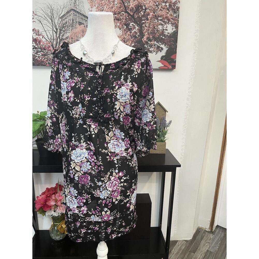 Woman Within Blouse 1X Floral Peasant Top Ruffle Neck Chiffon Boho Tunic sheer